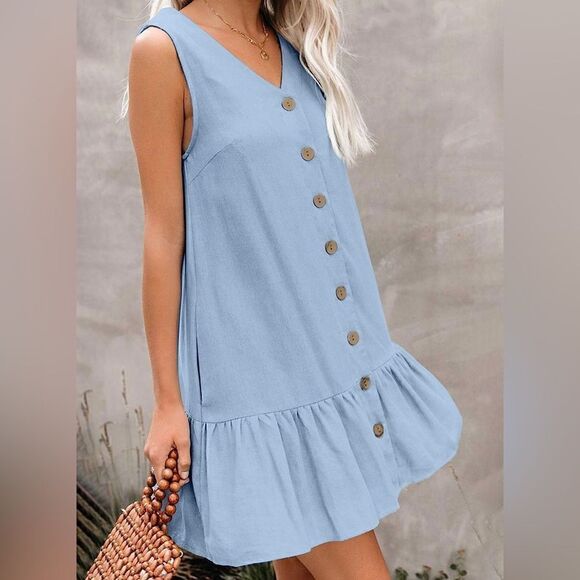 Button Down V Neck Sleeveless Swing Mini Dress Small - Picture 1 of 5